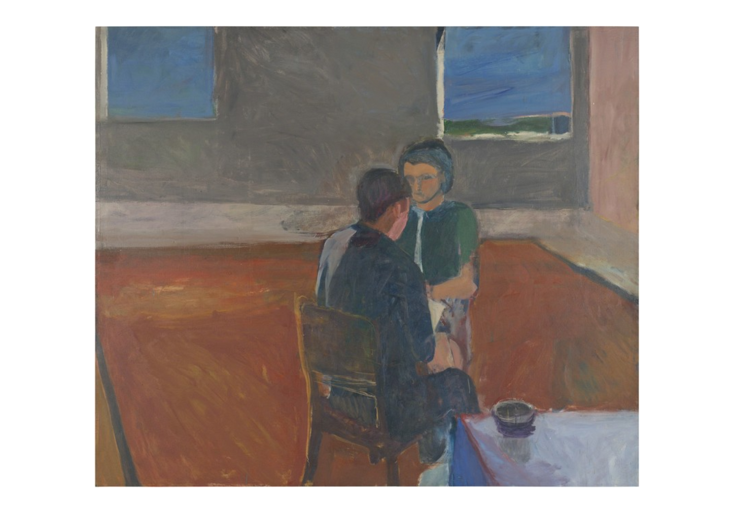Abstract painting of a couple sharing coffee and conversation in a sunlit room — representing Oval Coffee Roasters Monthly Roaster’s Choice Subscription and the artful ritual of coffee connection