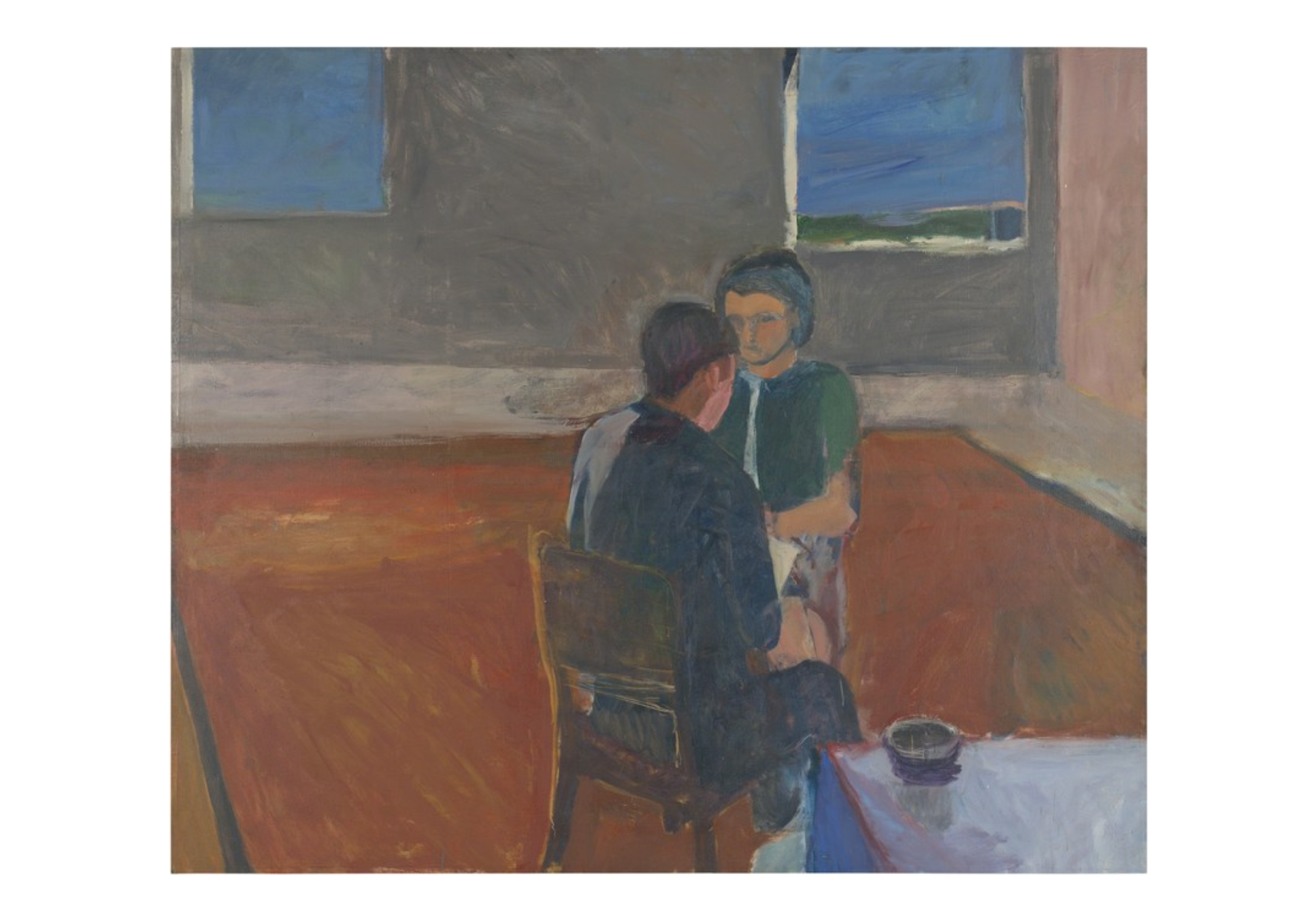 Abstract painting of a couple sharing coffee and conversation in a sunlit room — representing Oval Coffee Roasters Monthly Roaster’s Choice Subscription and the artful ritual of coffee connection