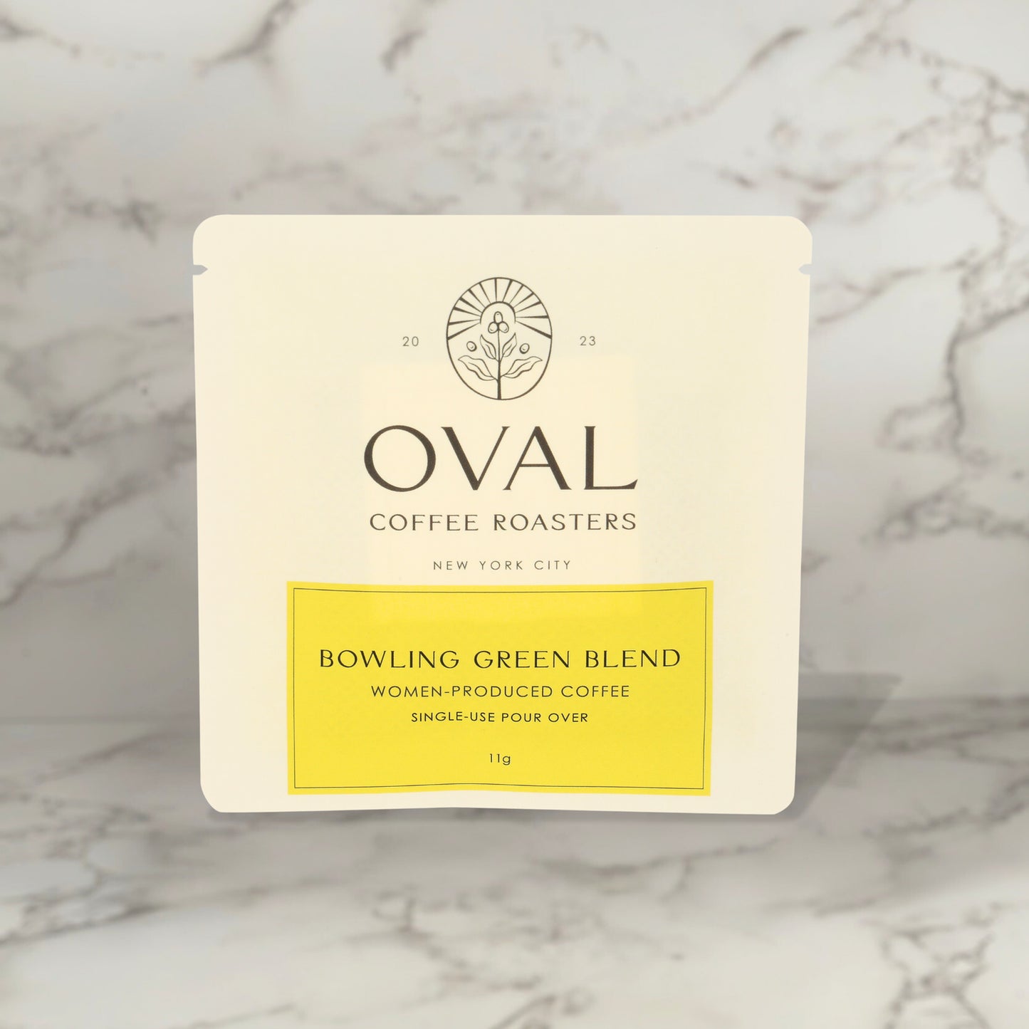 Oval Coffee Roasters Bowling Green Blend single-serve 11 g pour-over drip coffee packet — women-grown light roast coffee artisan-roasted in NYC for clean complex flavor