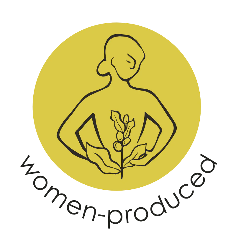 Women-produced coffee badge highlighting coffees sourced from women-led producers for Oval Coffee Roasters Bowling Green blend