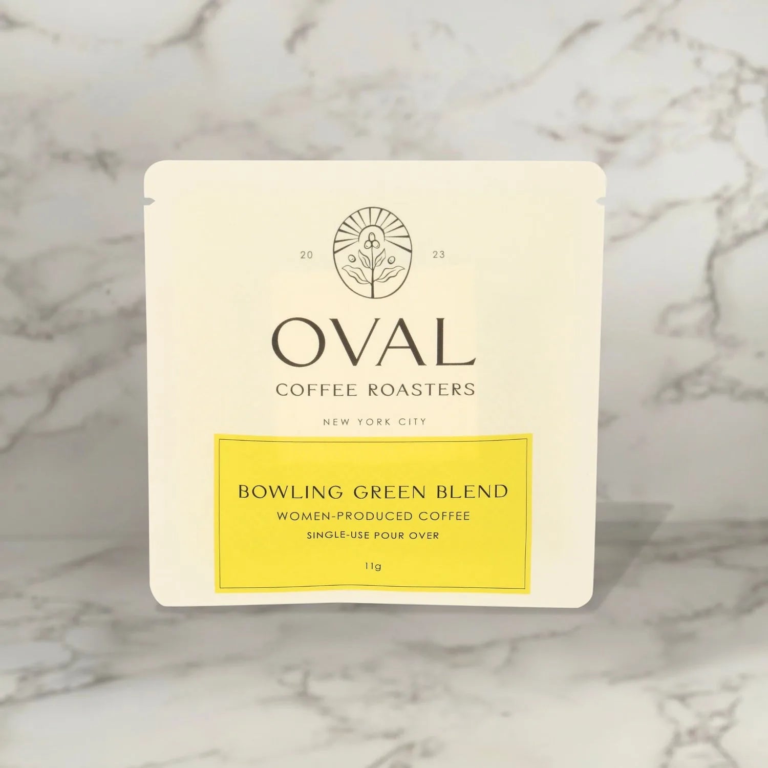 Oval Coffee Roasters Bowling Green 11g single-serve pour-over drip filter bag sleeve, women-produced light roast coffee roasted in New York City, designed to brew directly over a cup without equipment
