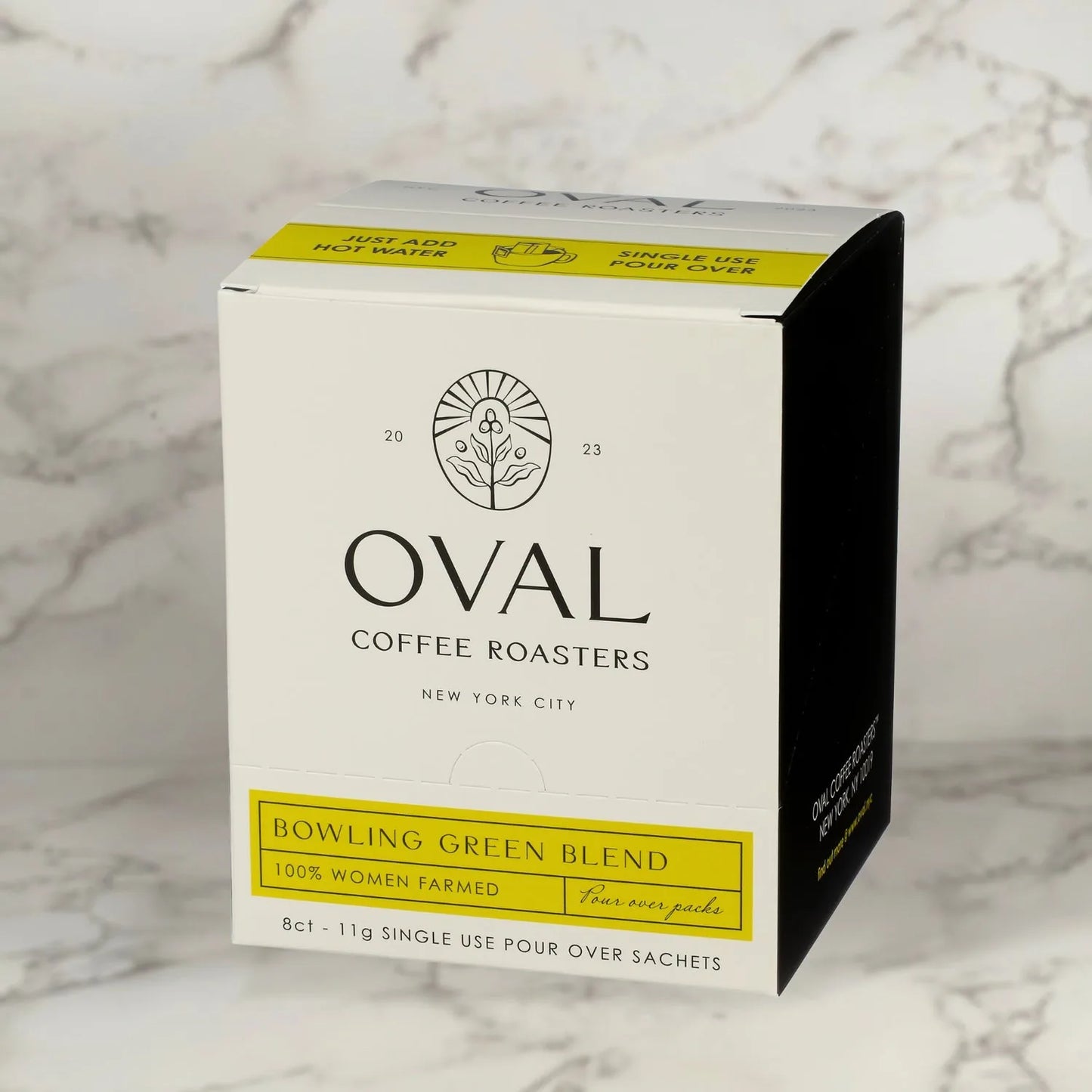 Oval Coffee Roasters Bowling Green single-serve pour-over drip filter bags (8-pack multipack), women-produced light roast coffee roasted in New York City, featuring an innovative no-equipment drip filter for brewing anywhere