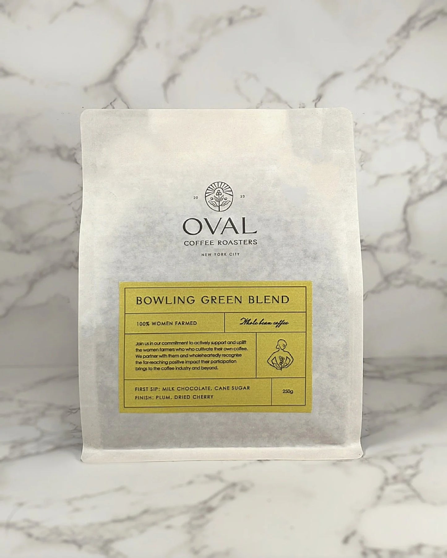 Oval Coffee Roasters Bowling Green whole-bean coffee (250g), women-produced light roast roasted in New York City, known for balanced sweetness and bright, approachable flavor