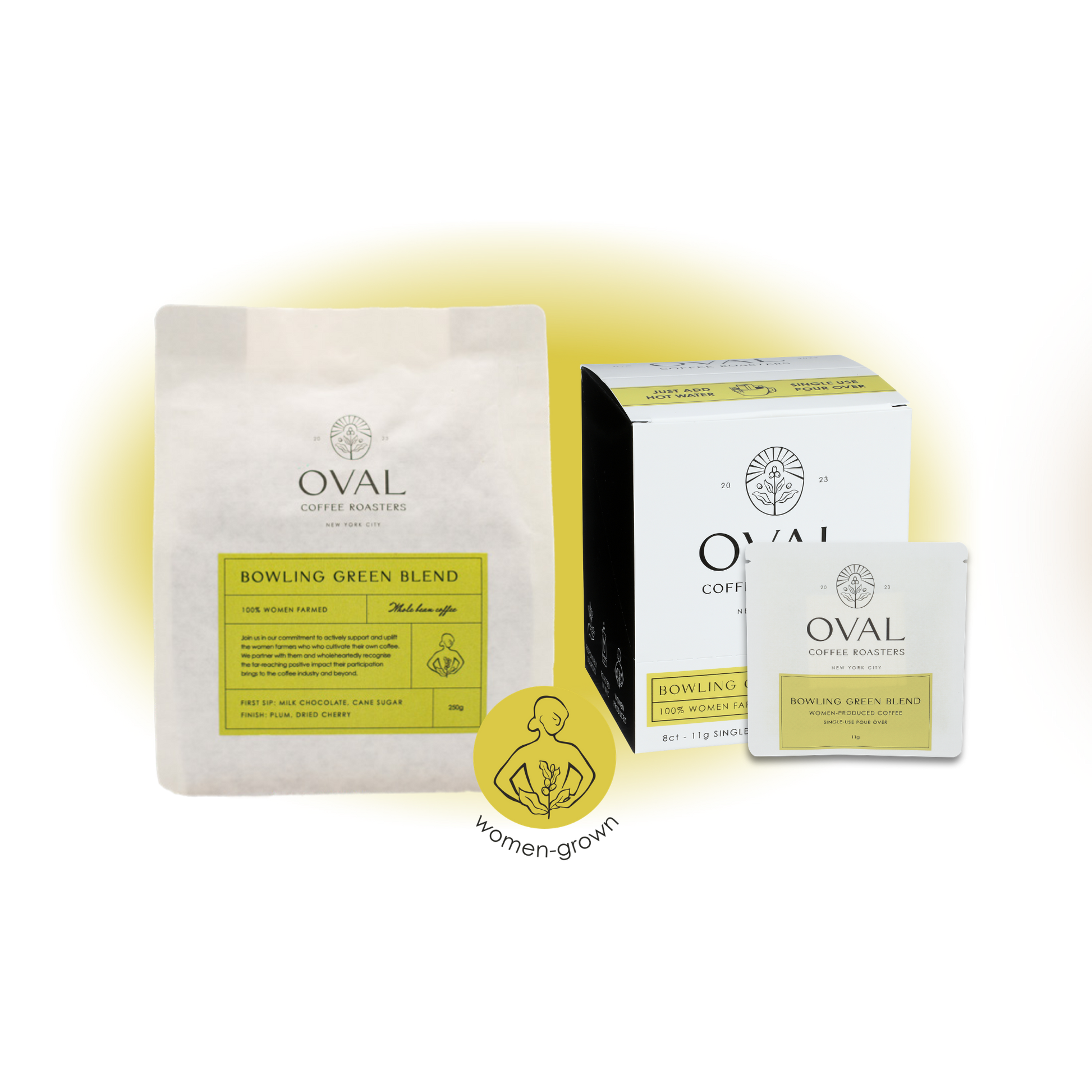 Oval Coffee Roasters Bowling Green Blend product collection image featuring women-grown light-roast coffee in single-serve pour-over and whole bean formats, roasted in New York City.