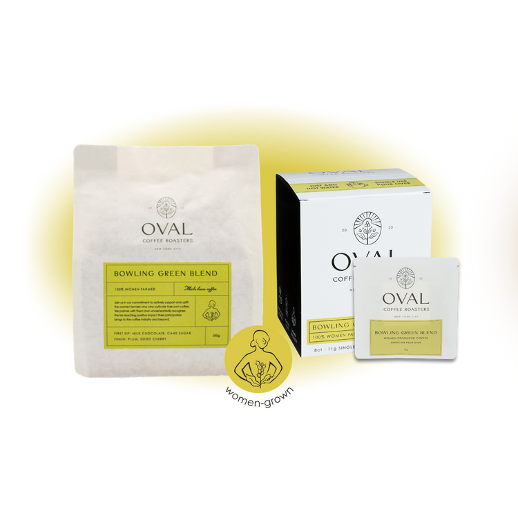 Oval Coffee Roasters Bowling Green Blend product collection image featuring women-grown light-roast coffee in single-serve pour-over and whole bean formats, roasted in New York City.