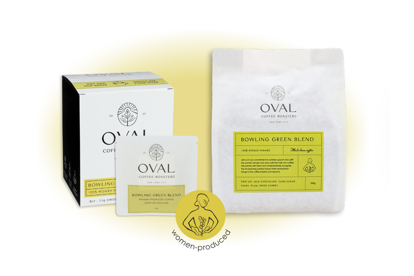 Oval Coffee Roasters Bowling Green Blend product collection image featuring women-produced light-roast coffee in single-serve pour-over and whole bean formats, roasted in New York City.