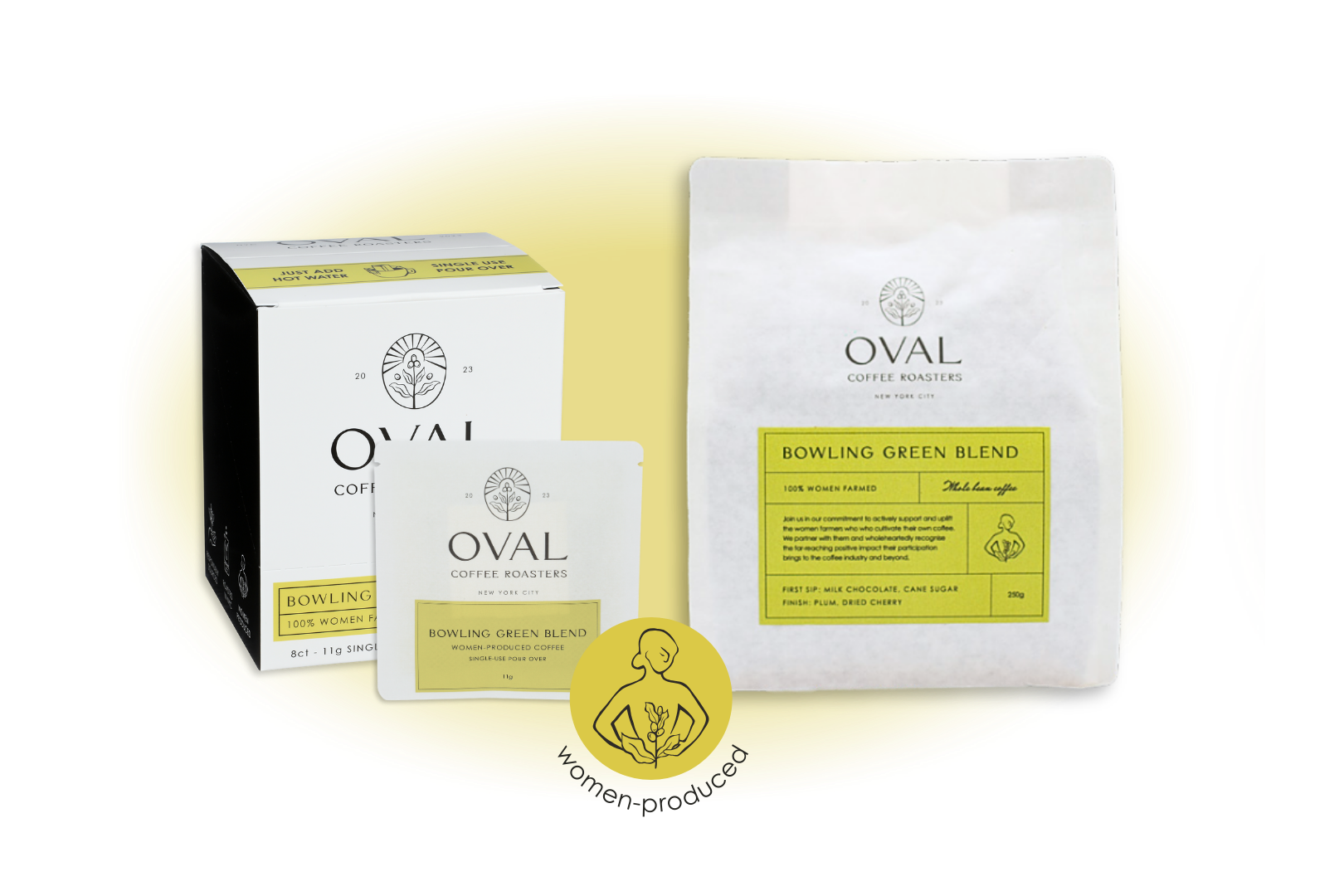 Oval Coffee Roasters Bowling Green Blend product collection image featuring women-produced light-roast coffee in single-serve pour-over and whole bean formats, roasted in New York City.