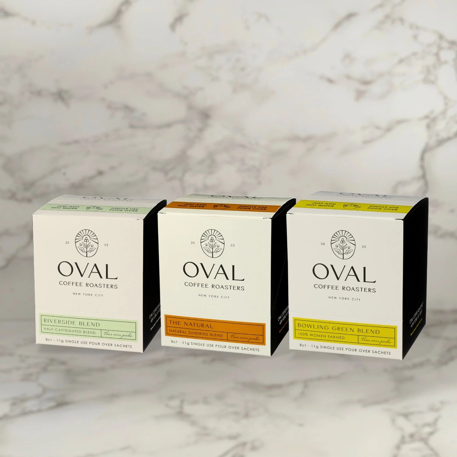 Oval Coffee Roasters three pack of three caddies of single-serve pour over. Woman-grown, natural-process, and half-caff coffee.