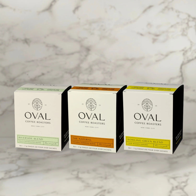 Oval Coffee Roasters three pack of three caddies of single-serve pour over. Woman-grown, natural-process, and half-caff coffee.