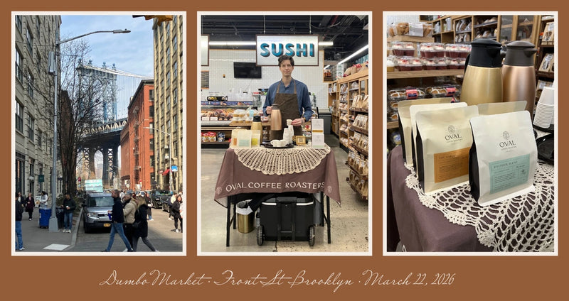 Three-photo collage of Oval Coffee Roasters’ March 22, 2026 tasting at Dumbo Market on Front Street in Brooklyn: bridge-side street scene, Christopher Alspach serving samples, and coffee bags beside thermal carafes.