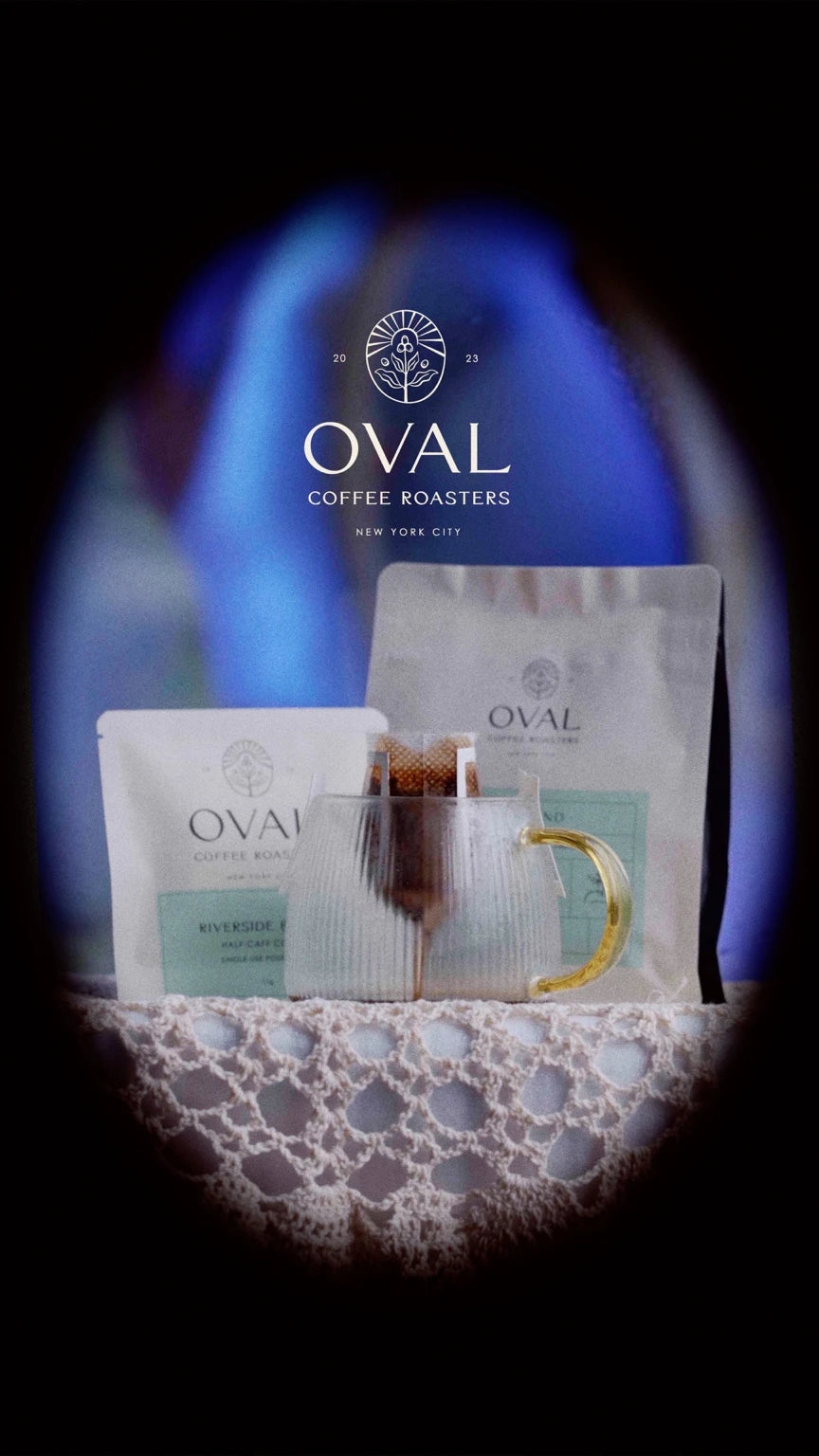 Oval Coffee Roasters Riverside half caff coffee pour over single serve brewing in glass mug NYC roasted light medium roast 50 50 blend sugarcane process coffee