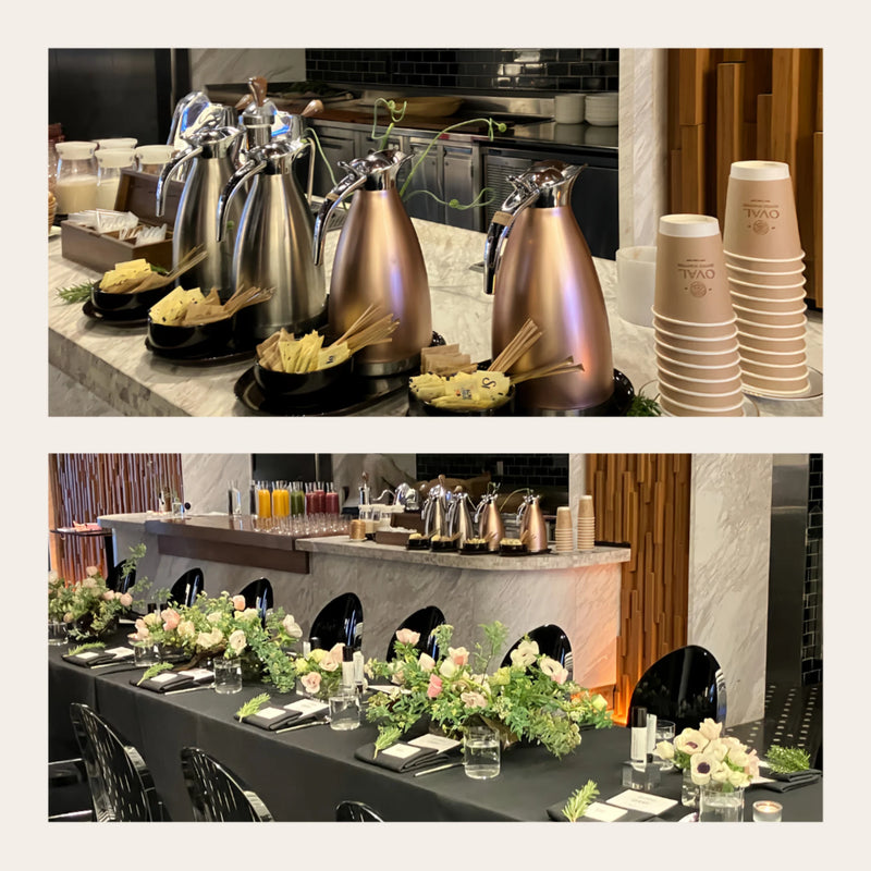 Two-photo collage of Oval Coffee Roasters catering at an INKEY event in NYC’s Meatpacking District, showing silver and bronze thermal carafes and branded cups above a dining table with Takata Nursery floral arrangements.