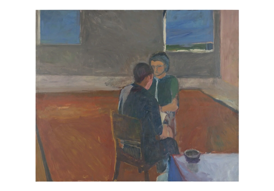 Painterly artwork of two people sharing a quiet coffee moment in a room with blue windows, a reddish floor, and a cup on a small table, used for Oval Coffee Roasters’ Monthly Roaster’s Choice subscription.