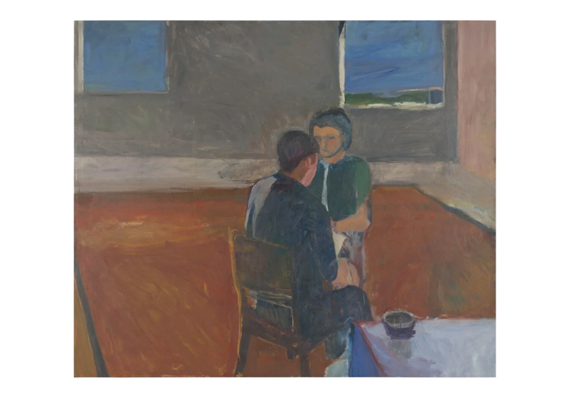Painterly artwork of two people sharing a quiet coffee moment in a room with blue windows, a reddish floor, and a cup on a small table, used for Oval Coffee Roasters’ Monthly Roaster’s Choice subscription.