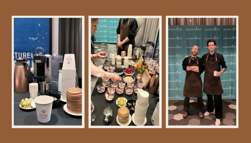Three-photo collage of Oval Coffee Roasters catering at a Pampered Chef event at One Manhattan Square, NYC: Deluxe Coffee Machine and branded cups, coffee and dessert service, and two baristas in brown aprons.