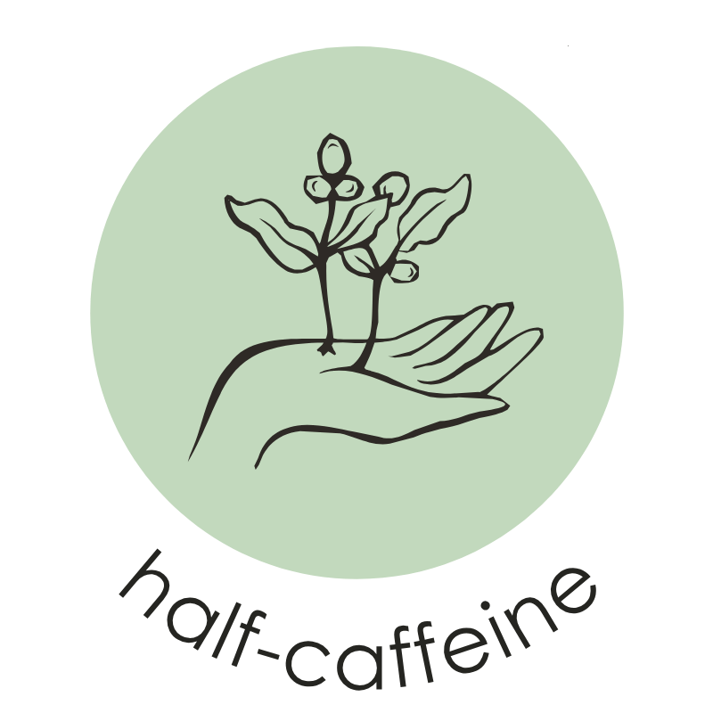 Half-caffeinated badge for Oval Coffee Roasters Riverside Blend, made from a balanced blend of decaf and caffeinated beans for lower caffeine and smooth flavor.