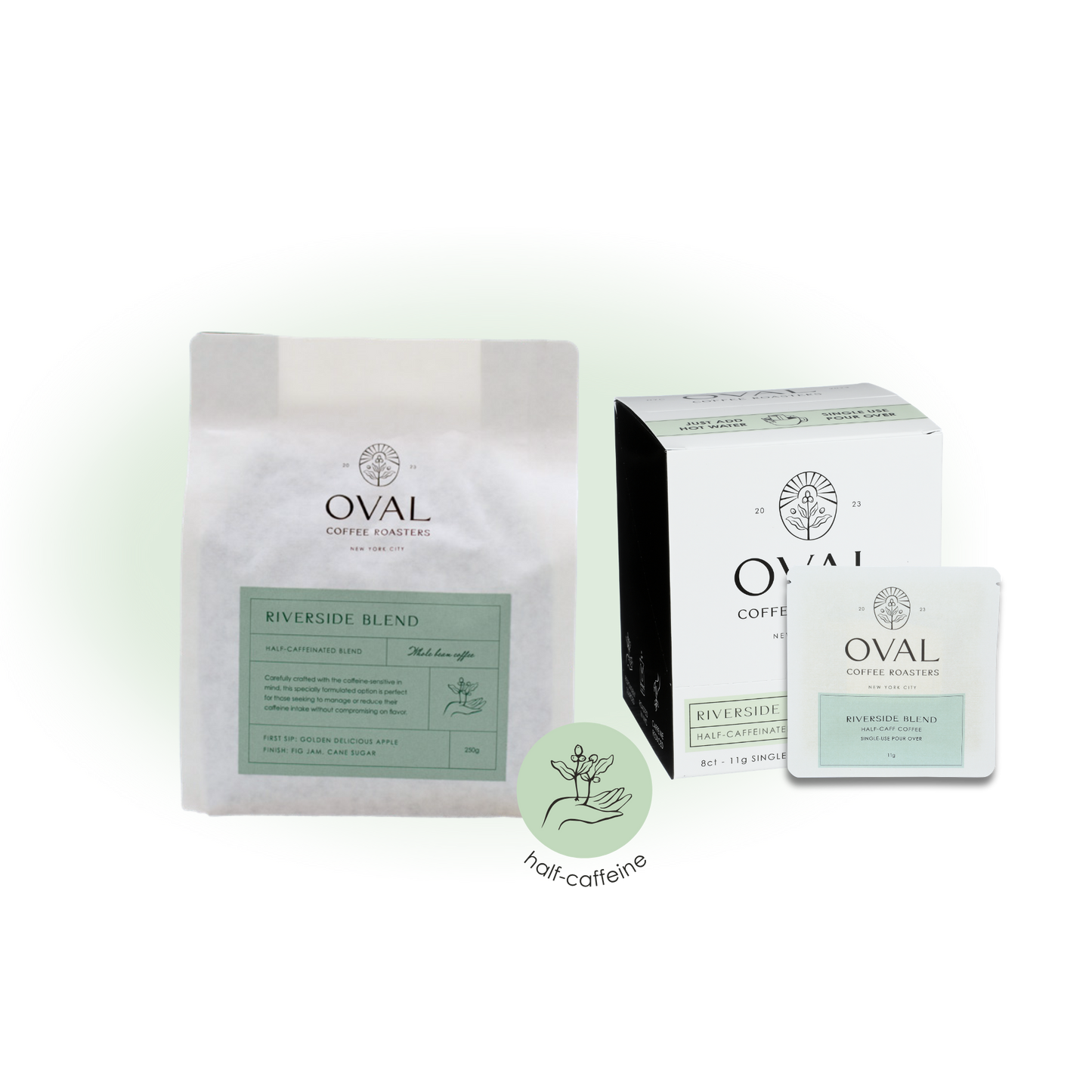Oval Coffee Roasters Riverside Blend product collection image showcasing half-caffeinated light-roast coffee in single-serve pour-over and whole bean formats, roasted in NYC.