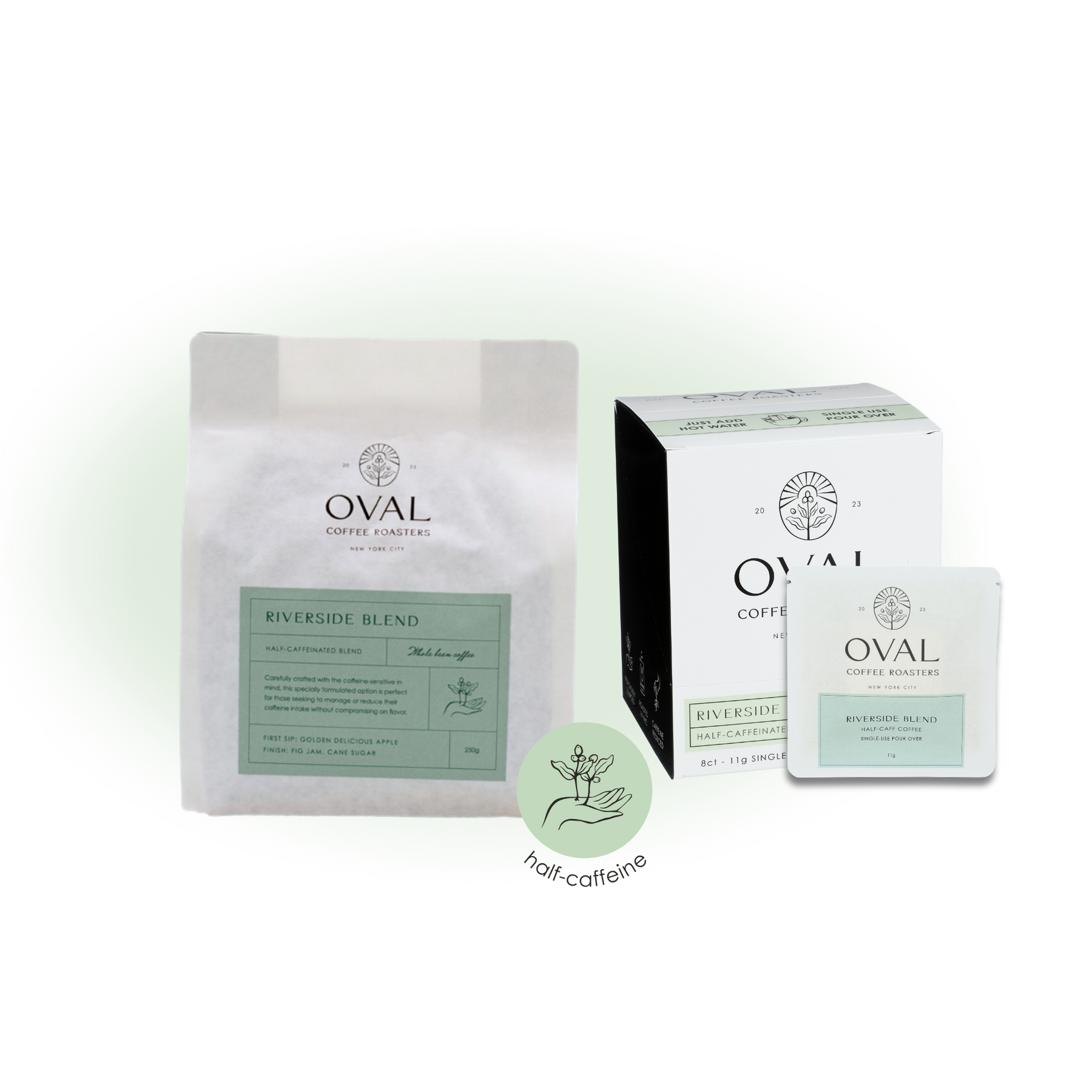 Riverside Half Caff Coffee Discovery Set with whole bean coffee and Pour Over Single Serves by Oval Coffee Roasters in New York City