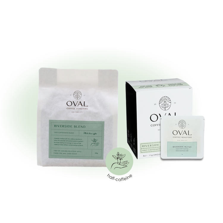 Oval Coffee Roasters Riverside Blend product collection image showcasing half-caffeinated light-roast coffee in single-serve pour-over and whole bean formats, roasted in NYC.