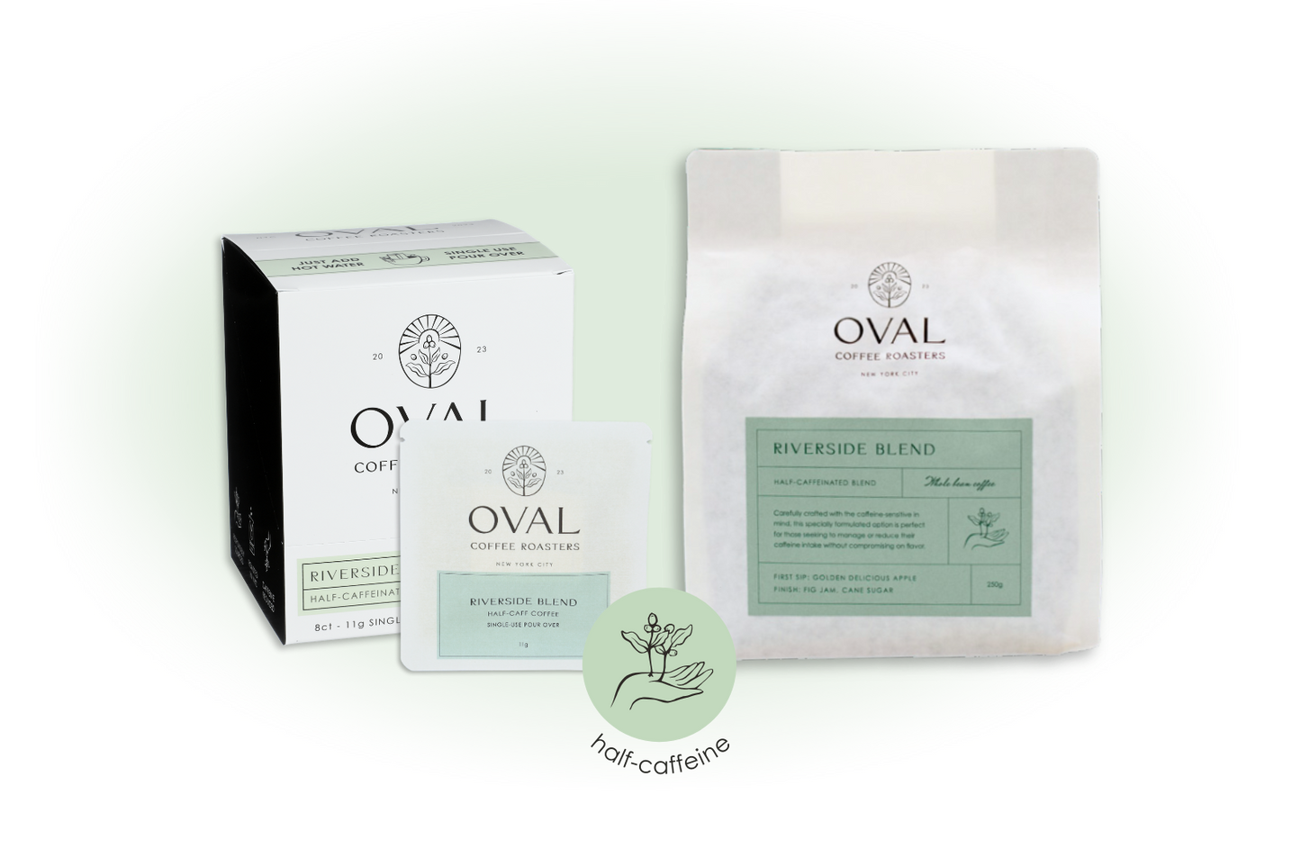 Oval Coffee Roasters Riverside Blend product collection image showcasing half-caffeinated light-roast coffee in single-serve pour-over and whole bean formats, roasted in NYC.