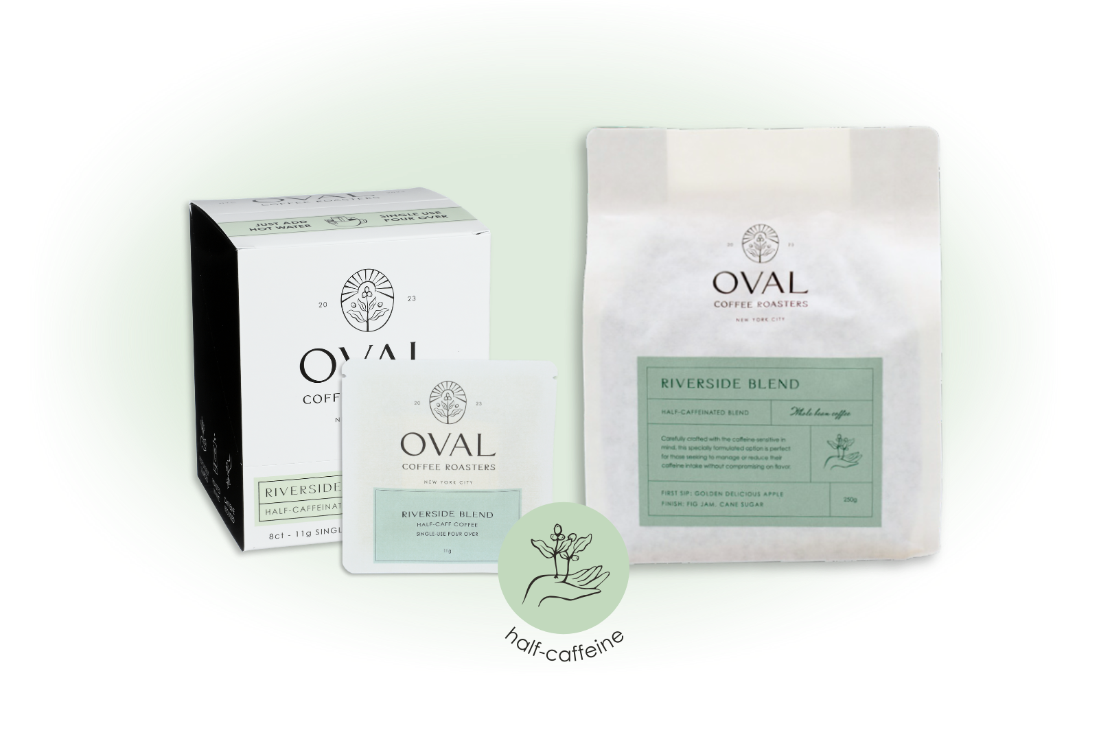 Oval Coffee Roasters Riverside Blend product collection image showcasing half-caffeinated light-roast coffee in single-serve pour-over and whole bean formats, roasted in NYC.