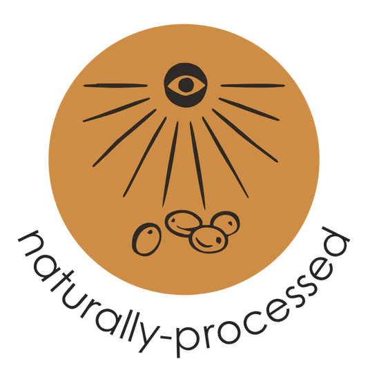 Oval Coffee Roasters The Natural natural process coffee badge with black rays shining toward coffee cherries inside an orange circle, with “naturally processed” lettering below on a transparent background.