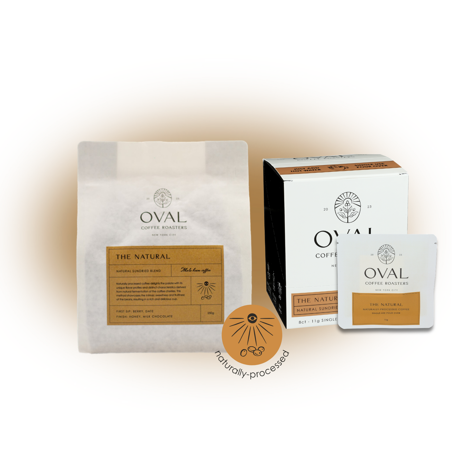 Oval Coffee Roasters The Natural product collection image highlighting naturally processed light-roast coffee in single-serve pour-over and whole bean formats, roasted in New York City.