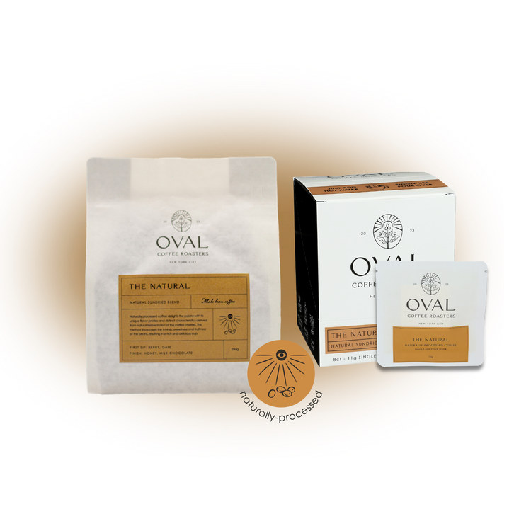 Oval Coffee Roasters The Natural product collection image highlighting naturally processed light-roast coffee in single-serve pour-over and whole bean formats, roasted in New York City.