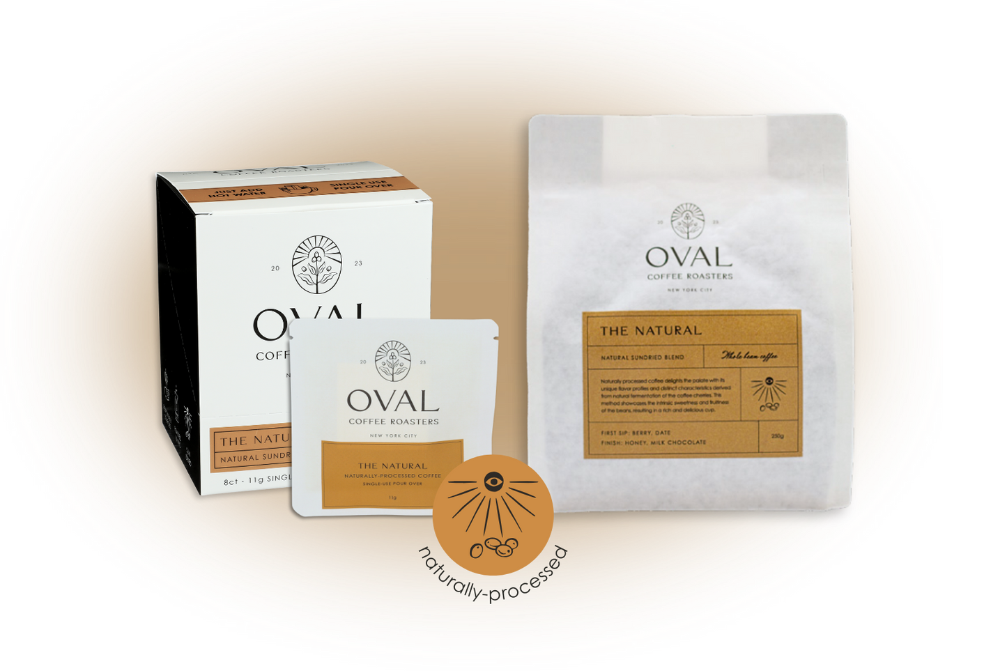 Oval Coffee Roasters The Natural product collection image highlighting naturally processed light-roast coffee in single-serve pour-over and whole bean formats, roasted in New York City.