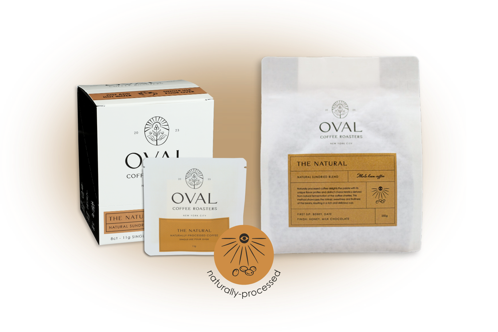 Oval Coffee Roasters The Natural product collection image highlighting naturally processed light-roast coffee in single-serve pour-over and whole bean formats, roasted in New York City.