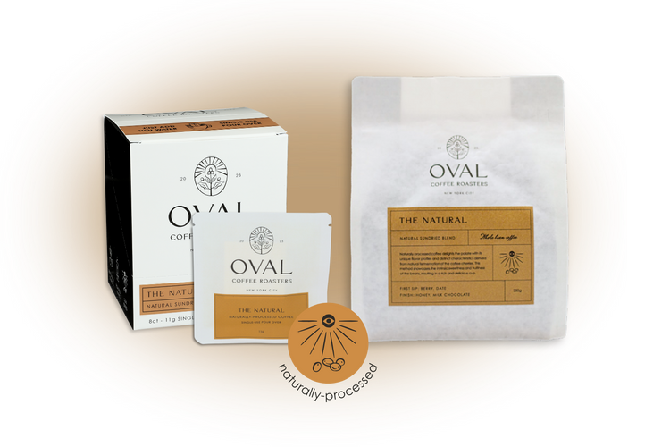 Oval Coffee Roasters The Natural product collection image highlighting naturally processed light-roast coffee in single-serve pour-over and whole bean formats, roasted in New York City.