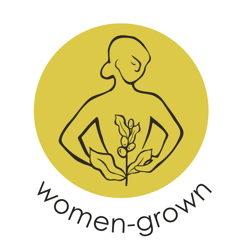 Women-Grown coffee badge logo for Oval Coffee Roasters featuring a minimalist female figure holding a coffee branch symbolizing women-produced specialty coffee.