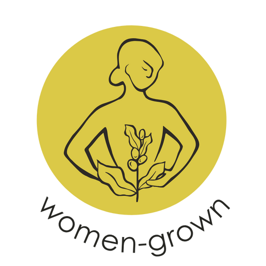 Oval Coffee Roasters Women-Grown coffee badge: a minimalist female figure holding a leafy coffee branch with cherries inside a yellow circle, with “Women-grown” lettering below on a transparent background.