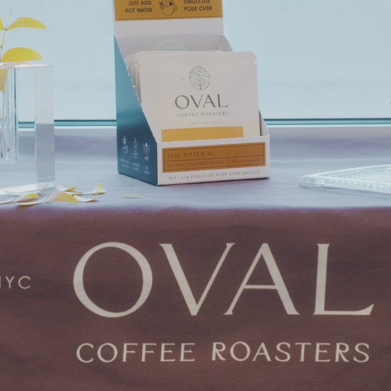 How-to tutorial showing how to brew Oval Coffee Roasters’ single-serve pour-over drip bags for on-the-go specialty coffee, filmed in New York City.