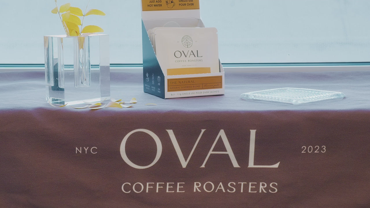 How-to tutorial showing how to brew Oval Coffee Roasters’ single-serve pour-over drip bags for on-the-go specialty coffee, filmed in New York City.