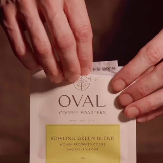 Bowling Green Blend light roast coffee by Oval Coffee Roasters, filmed in Bowling Green Park and Battery Park in Lower Manhattan, featuring co-founder and Director of Coffee Christopher Alsbach preparing specialty coffee near the historic Bowling Green subway station. The video highlights the blend’s inspiration rooted in NYC’s oldest public park, the nearby Hudson River, and the legacy of women coffee producers whose coffees historically entered New York through The Battery.